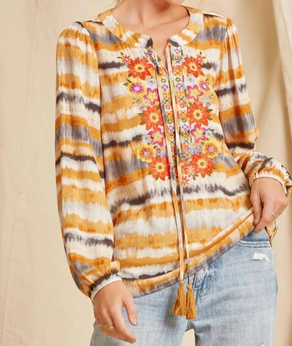 NEW ANDREE BY UNIT tie dye floral embroidered top in marigold